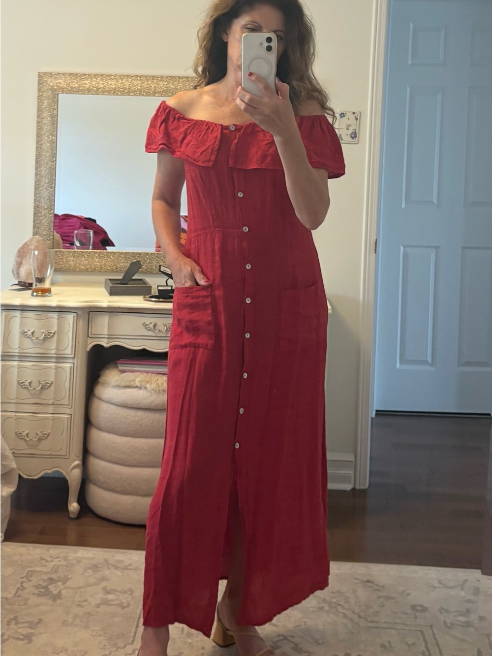 Off-Shoulder Button-Front Red Maxi Dress